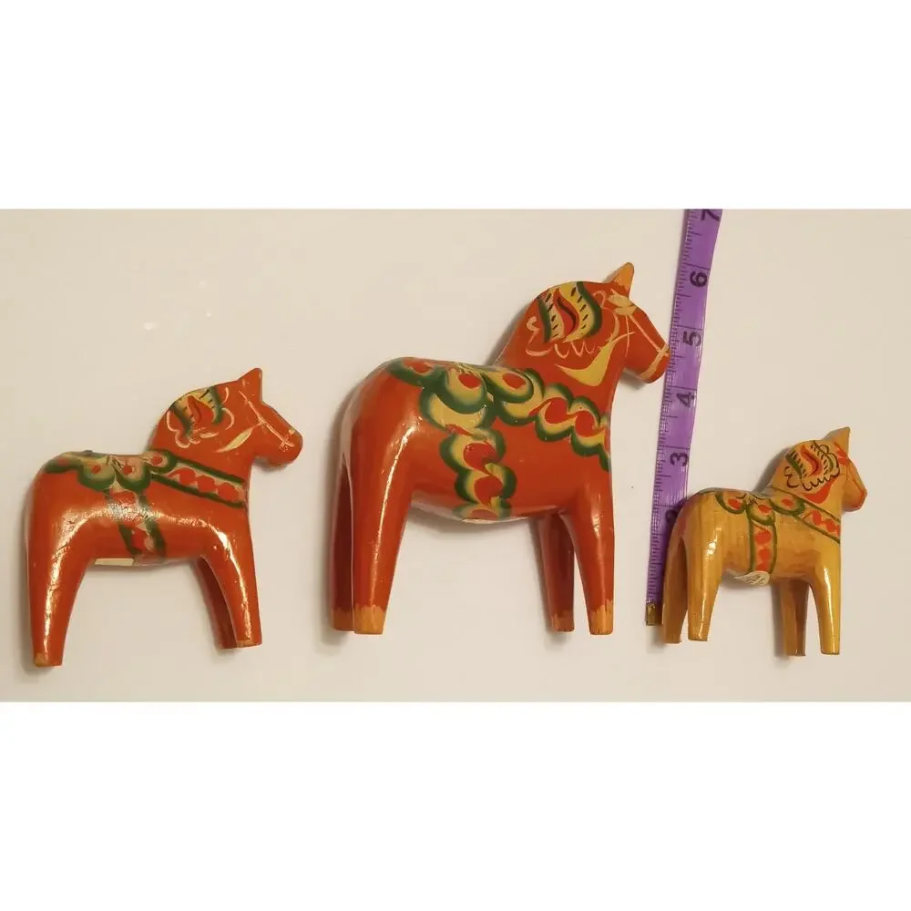 Vintage Authentic Nils Olsson Swedish Dala Horse Set of 3 Nusnäs With Labels